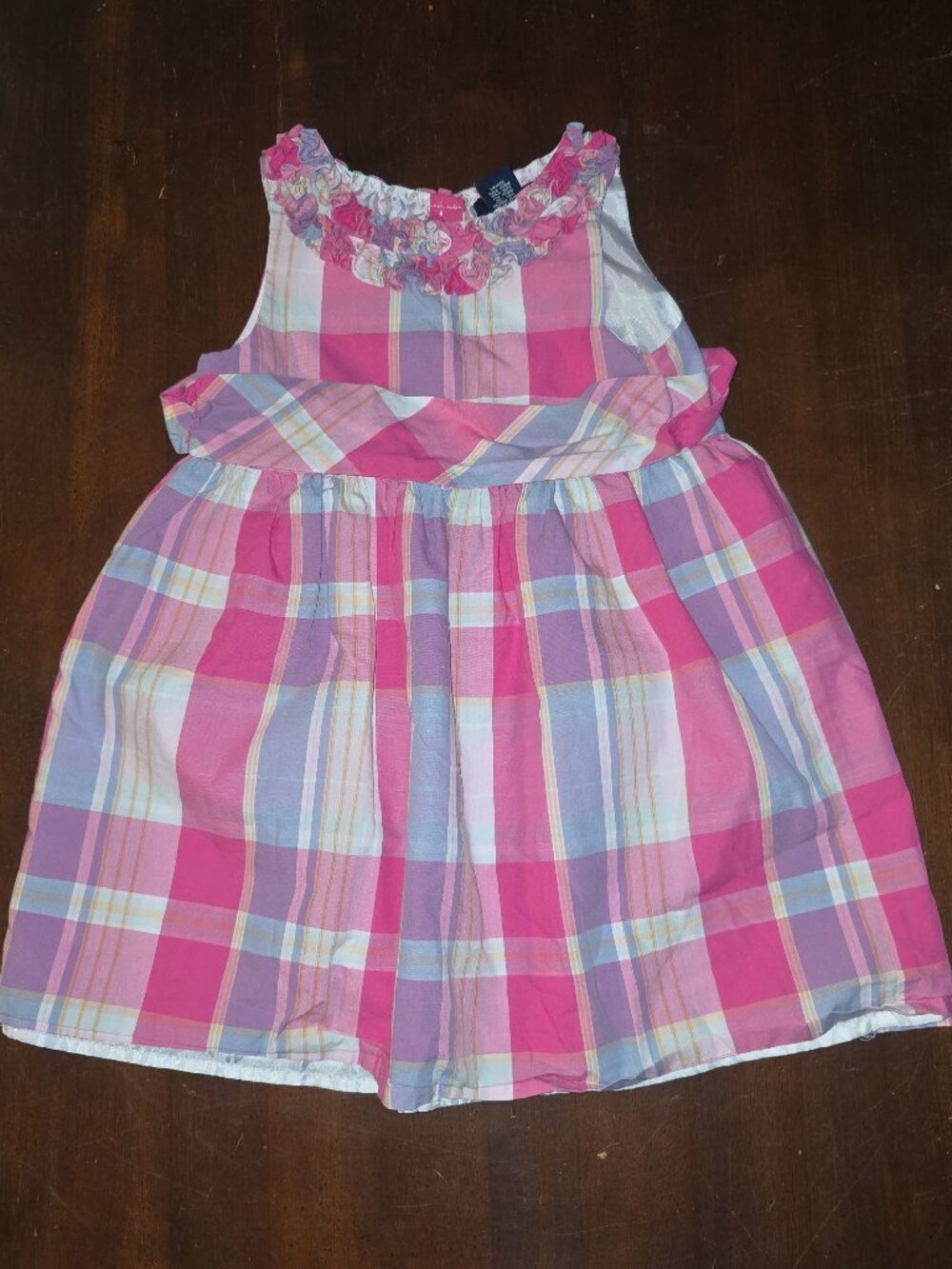 CHAPS Size 4T Toddler Girls Pink Purple Plaid Sleeveless Ruffle Collar Dress EUC